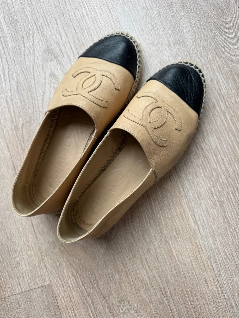 CHANEL Beige and Black Espadrille Flats